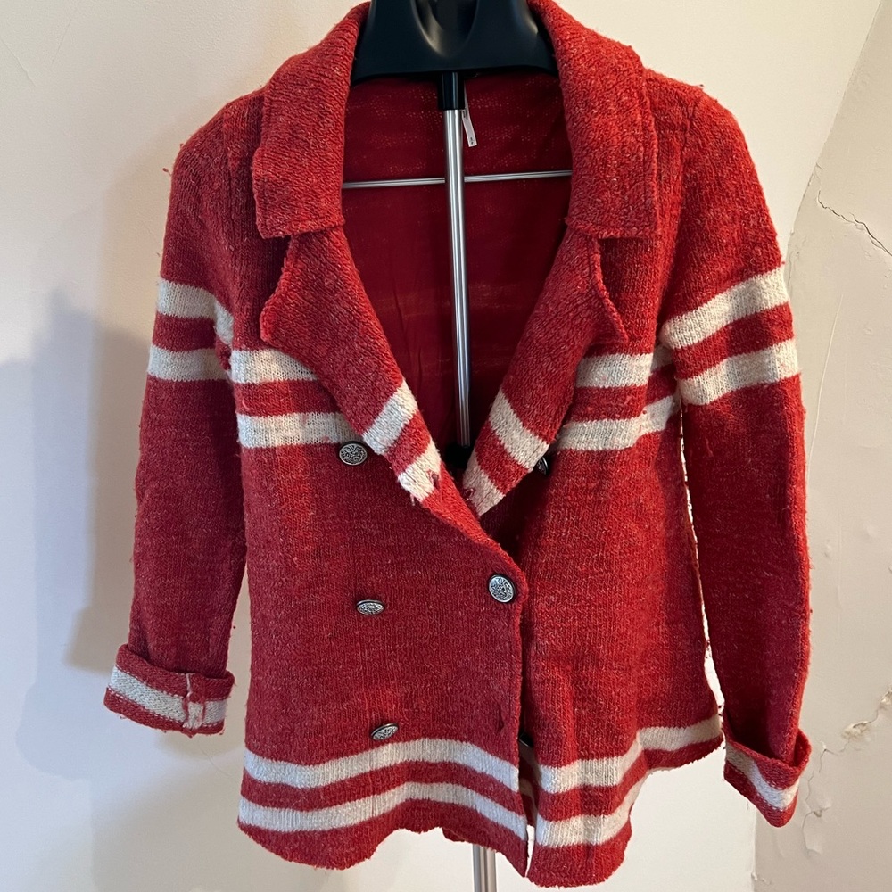 FREE PEOPLE DOUBLE BREASTED STRIPE BLAZER SWEATER S !!